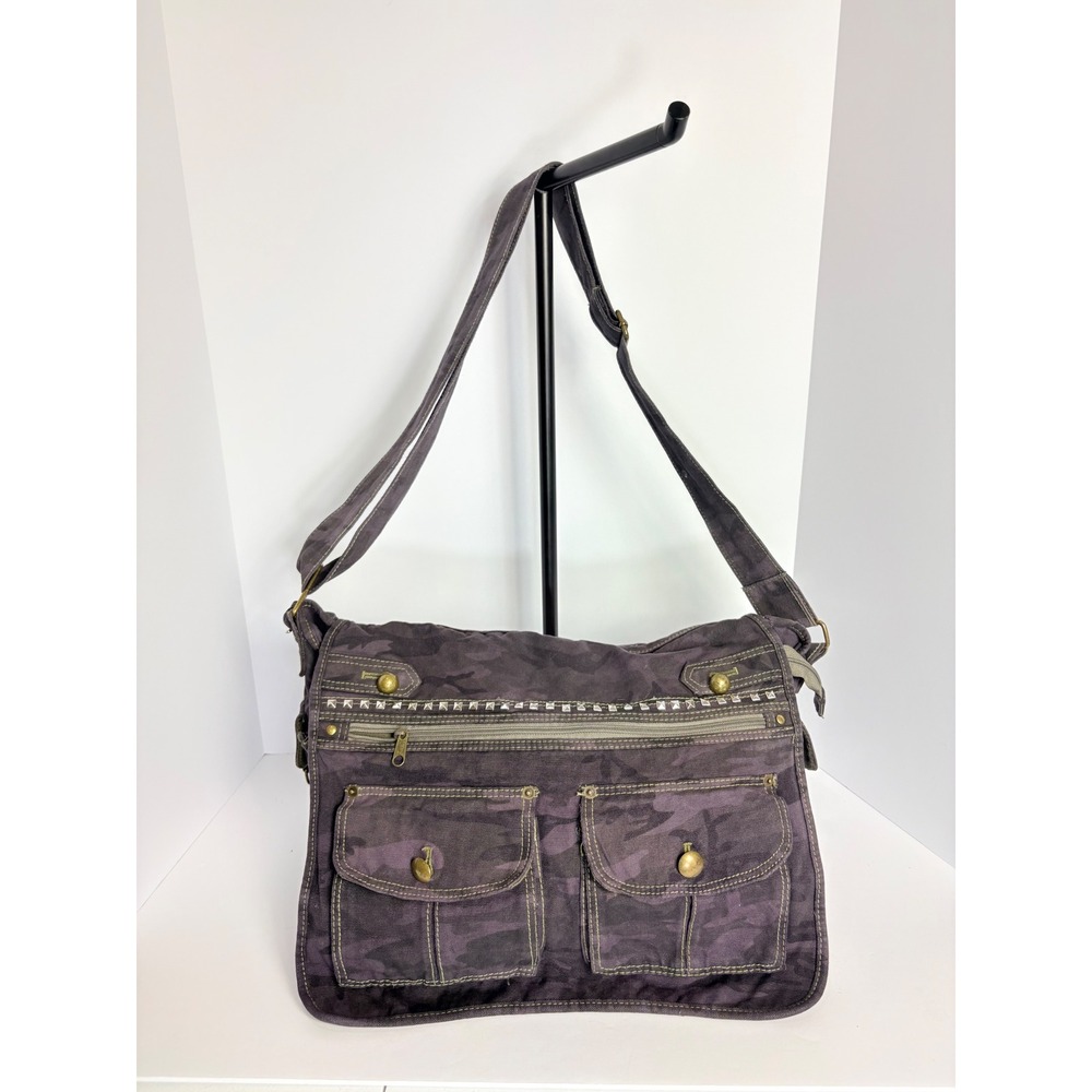 Y2K Grunge Purple Camo Studded Large Crossbody Messenger Bag Whimsigoth Backpack